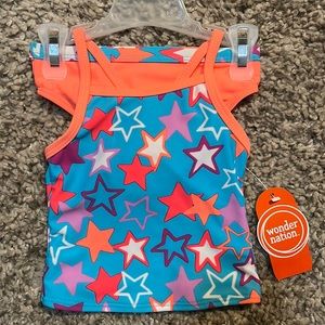 Infant Girl Coral Star Two Piece Swim Suit Size 12M Color Neon Coral and Blue